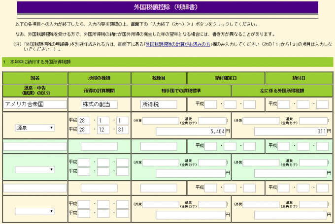 外国税額控除（明細書）