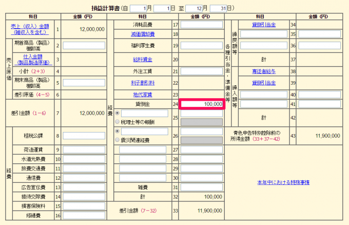 青色申告決算書「貸倒金」の入力方法