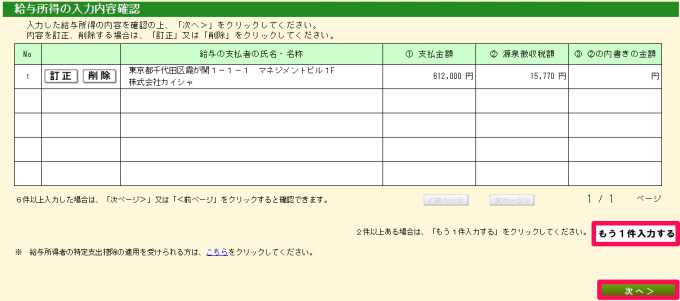 給与所得の入力内容確認